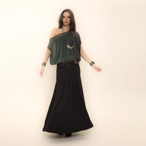 Bella - Blusa de tule balonê com top por baixo efeito degradê de verde alcaparra e preto