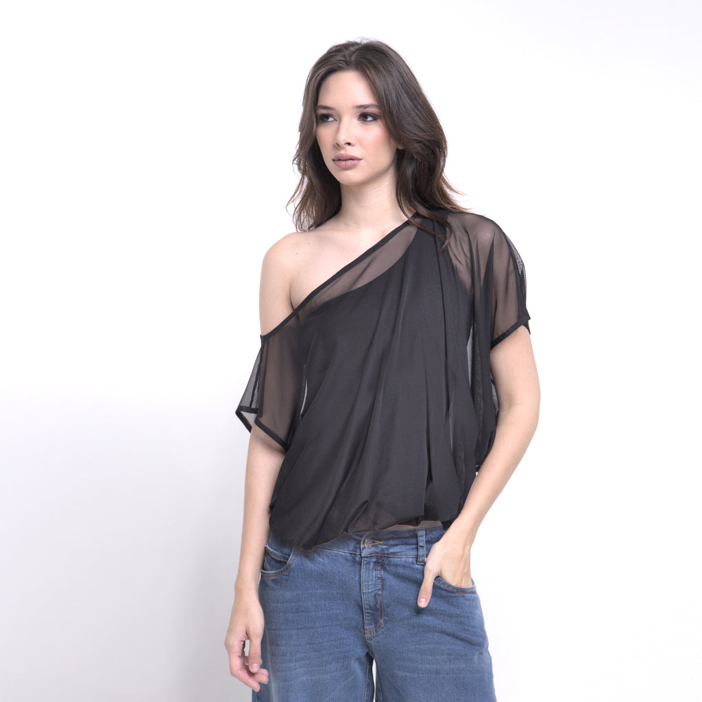 Bella - Blusa de tule balonê com top por baixo na cor preta