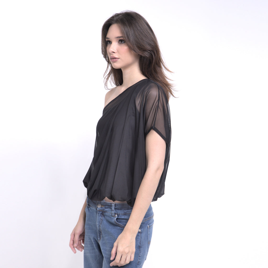 Bella - Blusa de tule balonê com top por baixo na cor preta