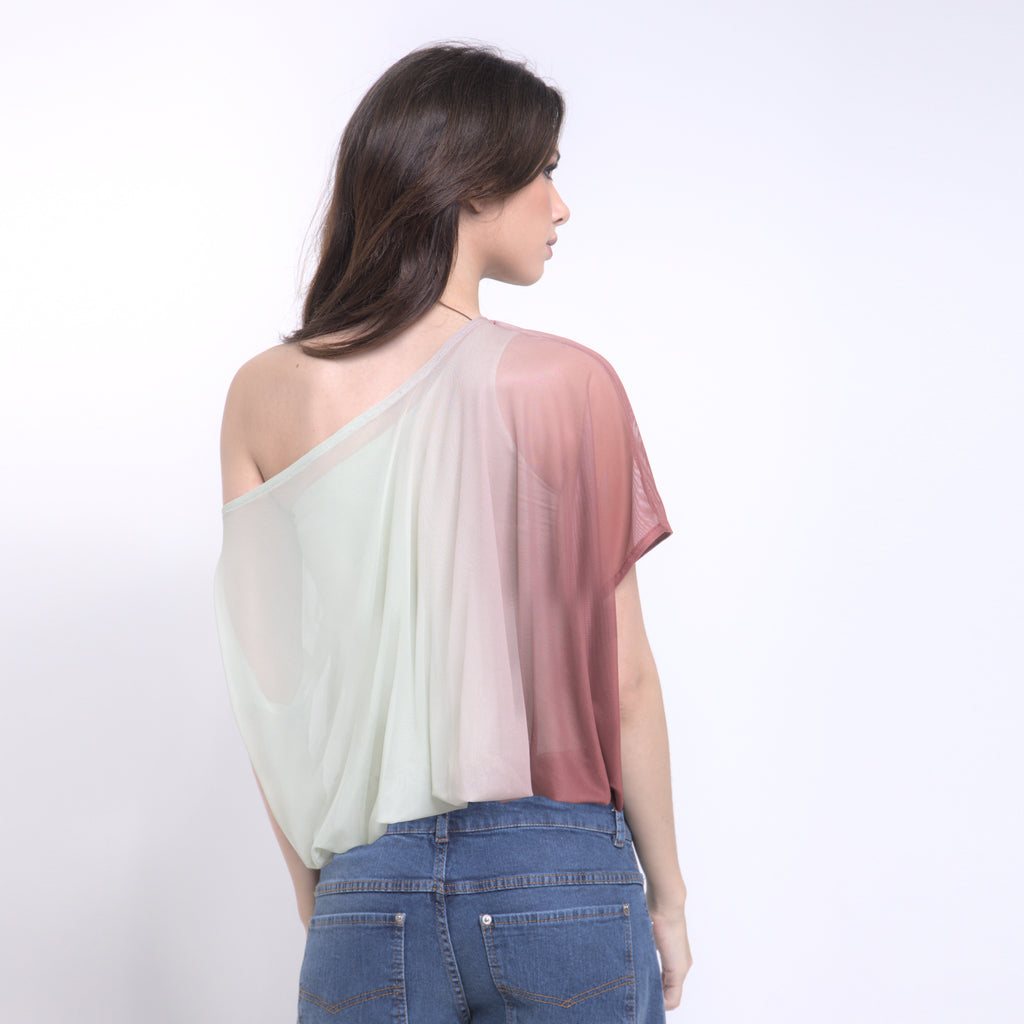 Bella - Blusa de tule balonê com top por baixo efeito degradê de verde sálvia e cabernet
