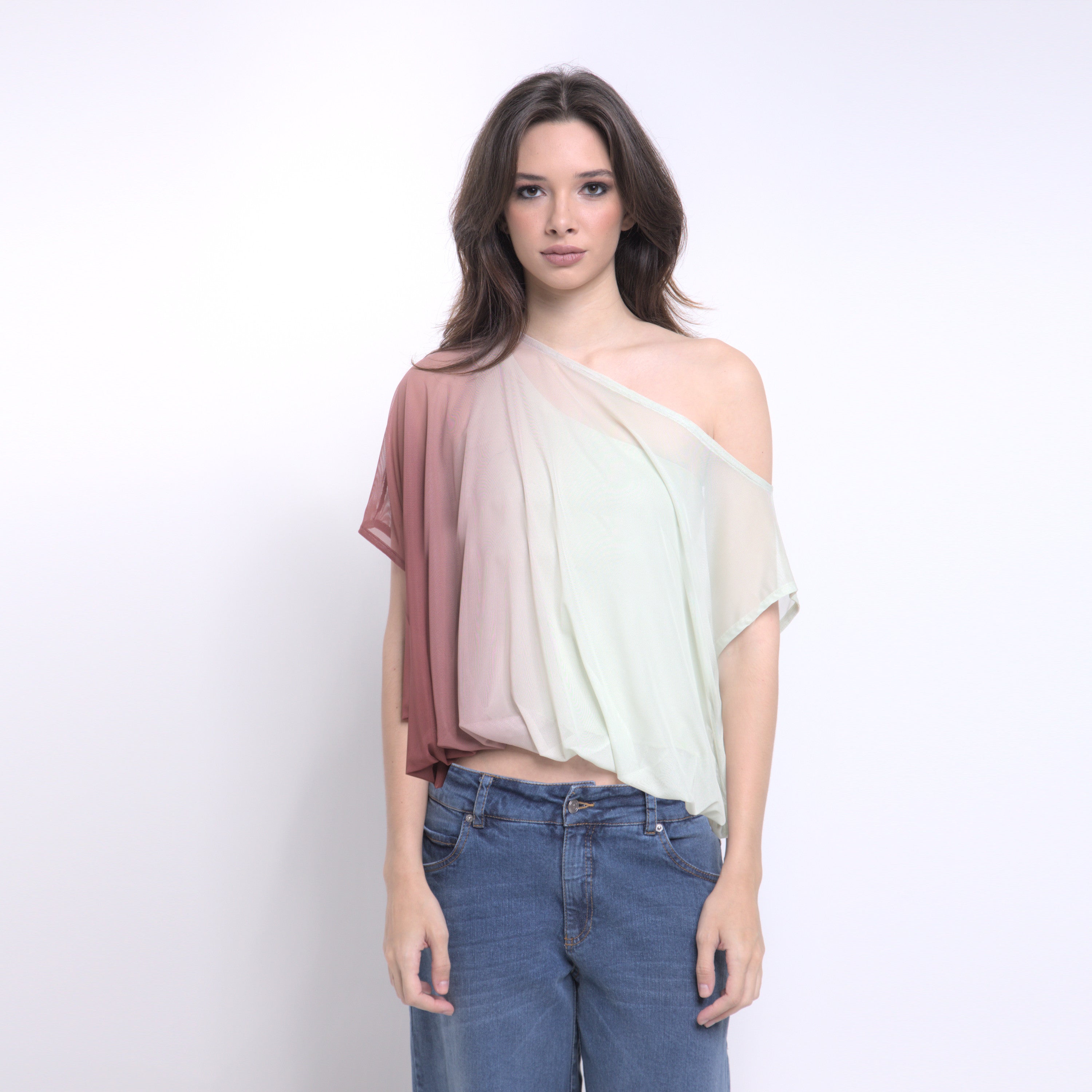 Bella - Blusa de tule balonê com top por baixo efeito degradê de verde sálvia e cabernet