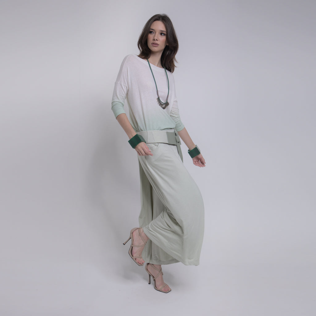 Iris - Blusa de malha degradê com mangas 3/4, off-white e verde