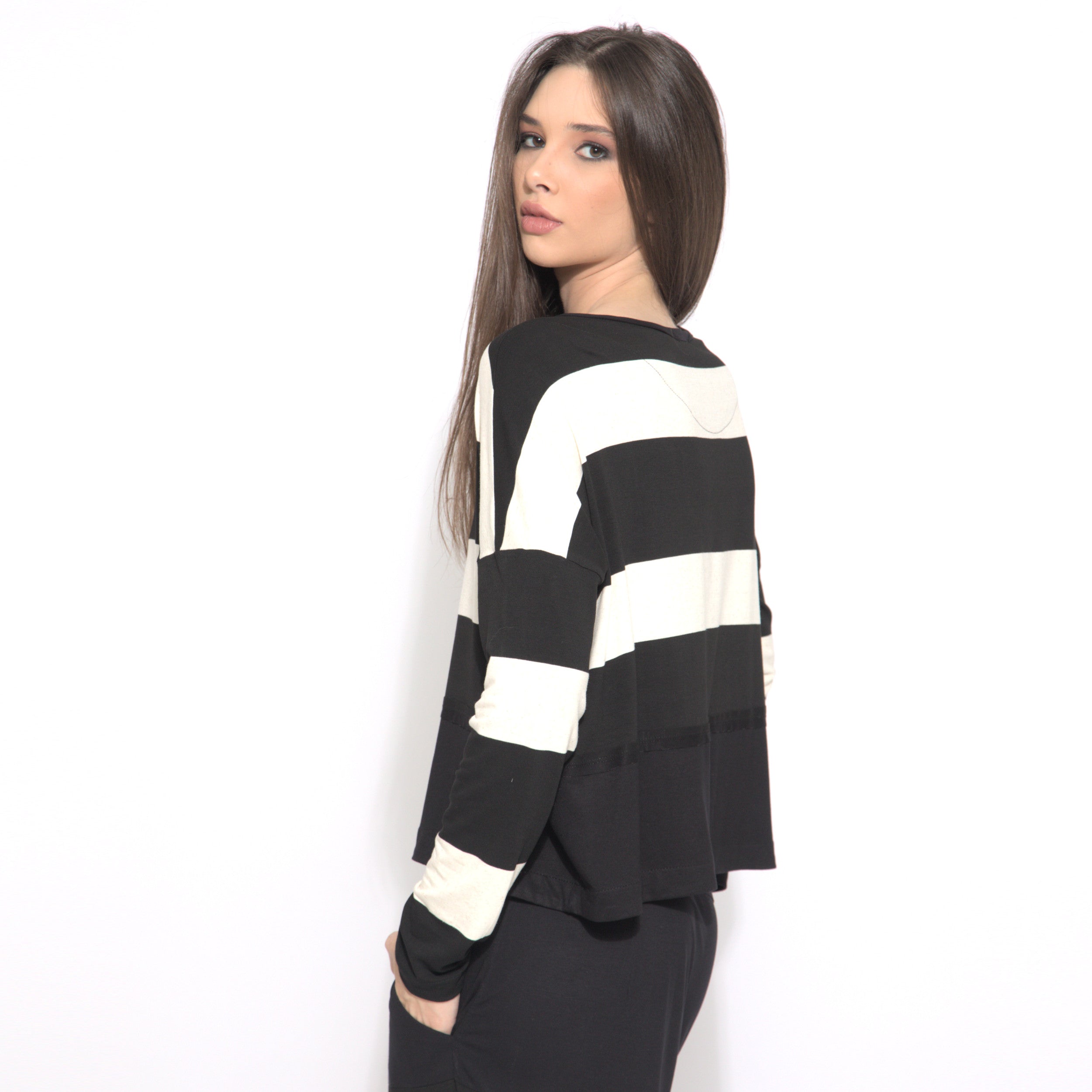 Jenny - Blusa listrada manga longa preto & off-white