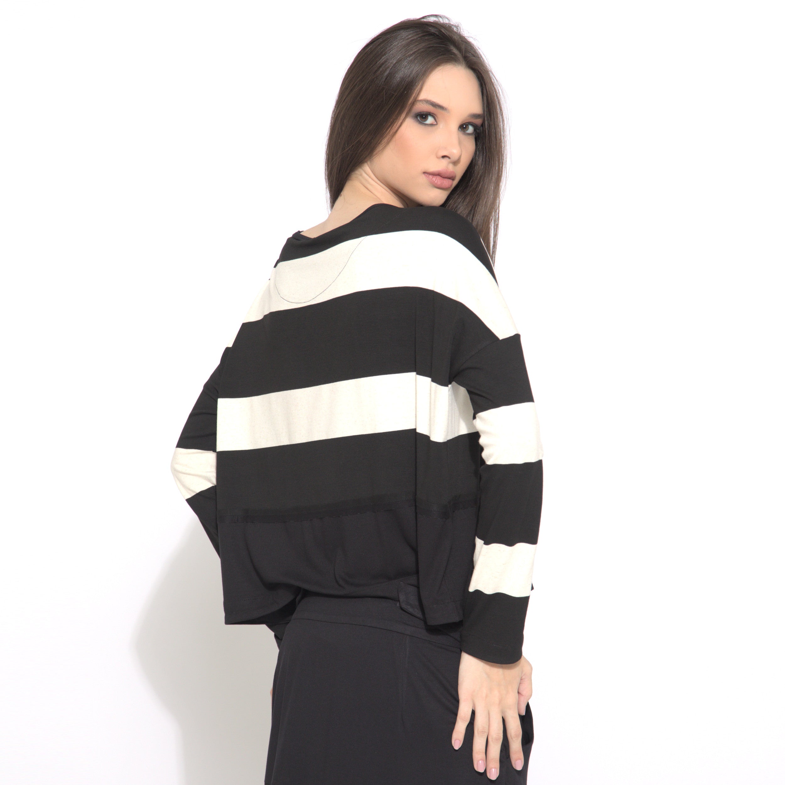 Jenny - Blusa listrada manga longa preto & off-white