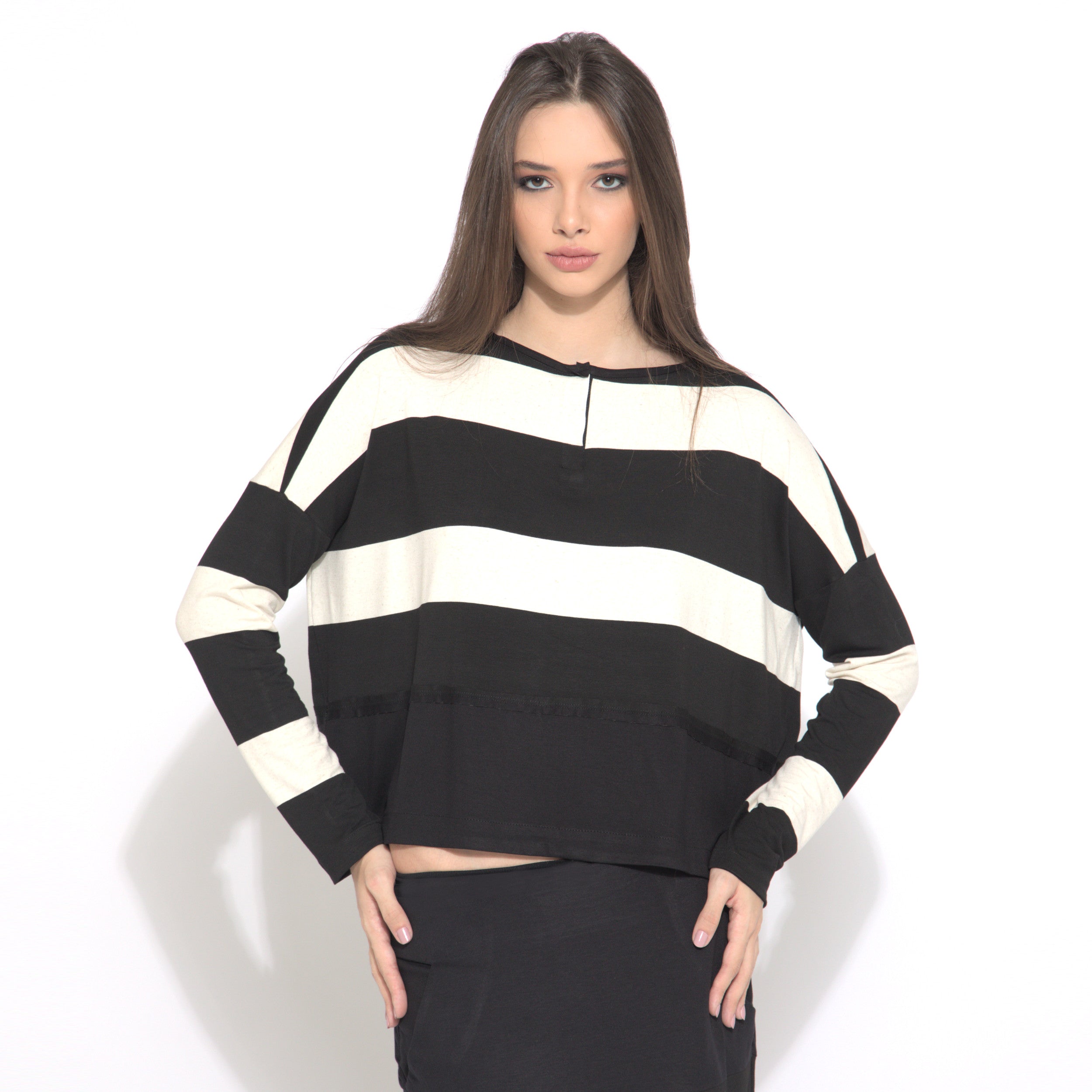 Jenny - Blusa listrada manga longa preto & off-white