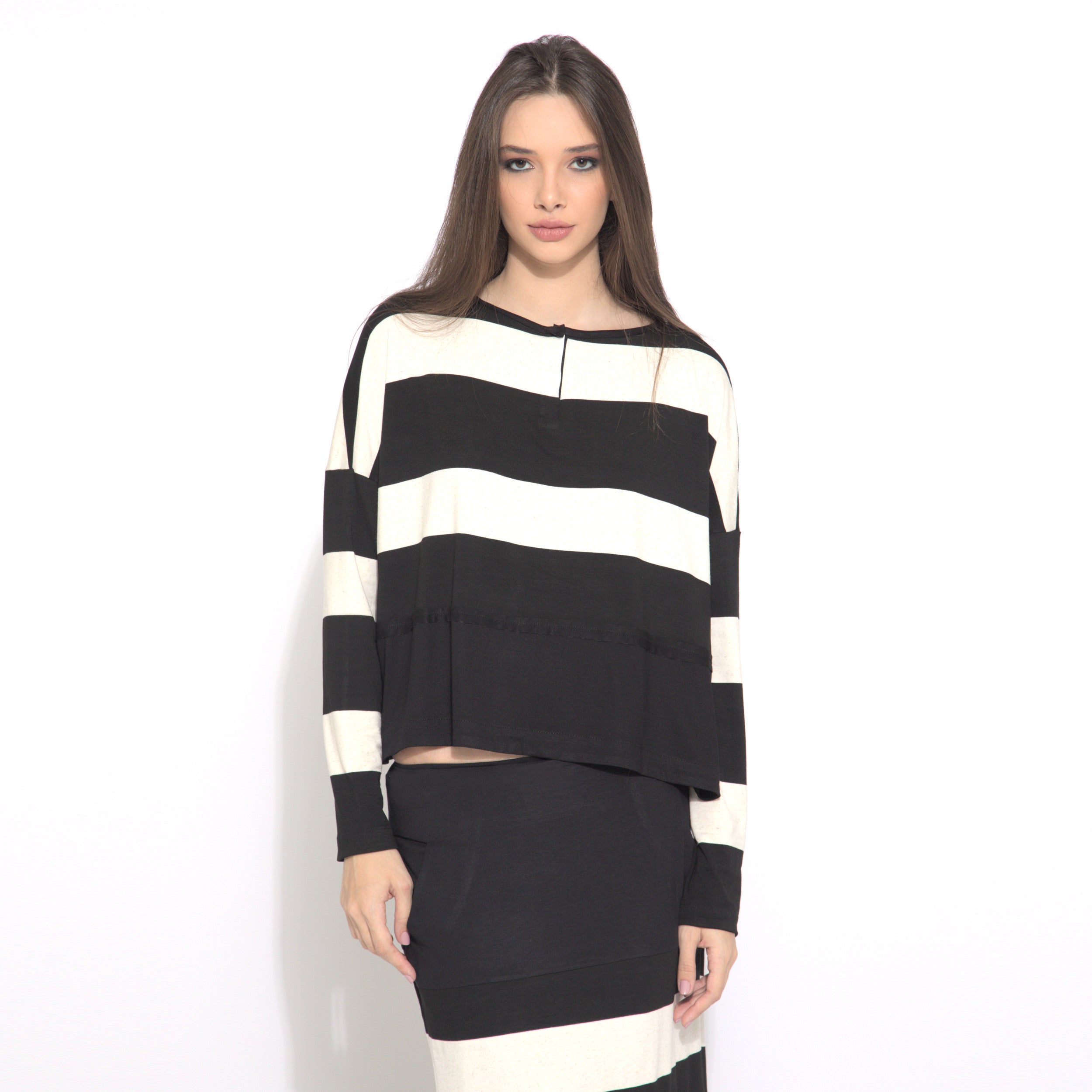 Jenny - Blusa listrada manga longa preto & off-white