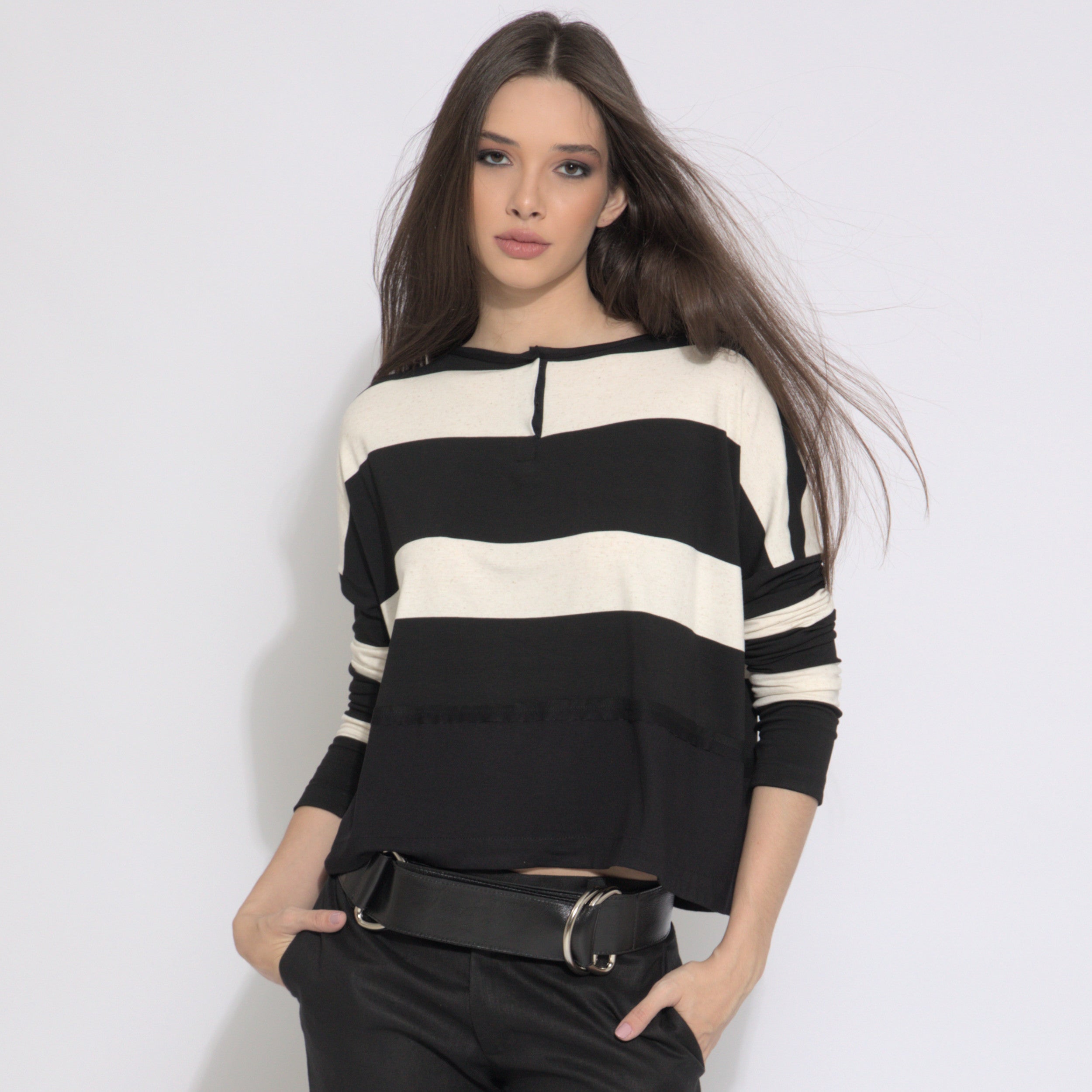 Jenny - Blusa listrada manga longa preto & off-white