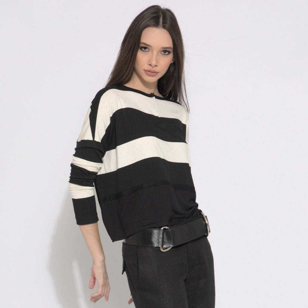 Jenny - Blusa listrada manga longa preto & off-white