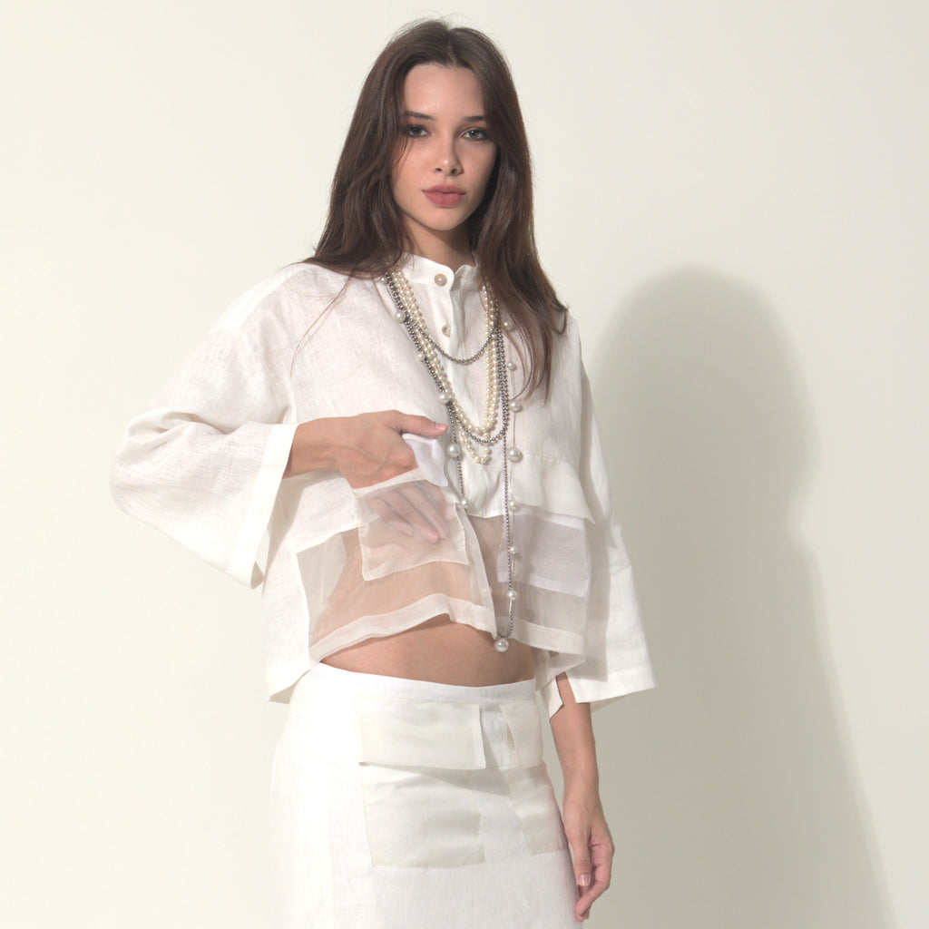 Goah - Camisa em 100% linho com transparencia em organza 100% seda