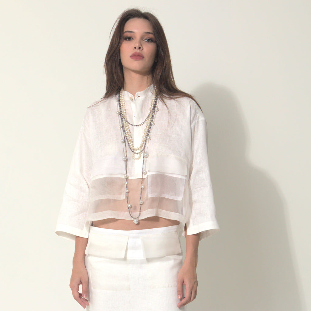 Goah - Camisa em 100% linho com transparencia em organza 100% seda