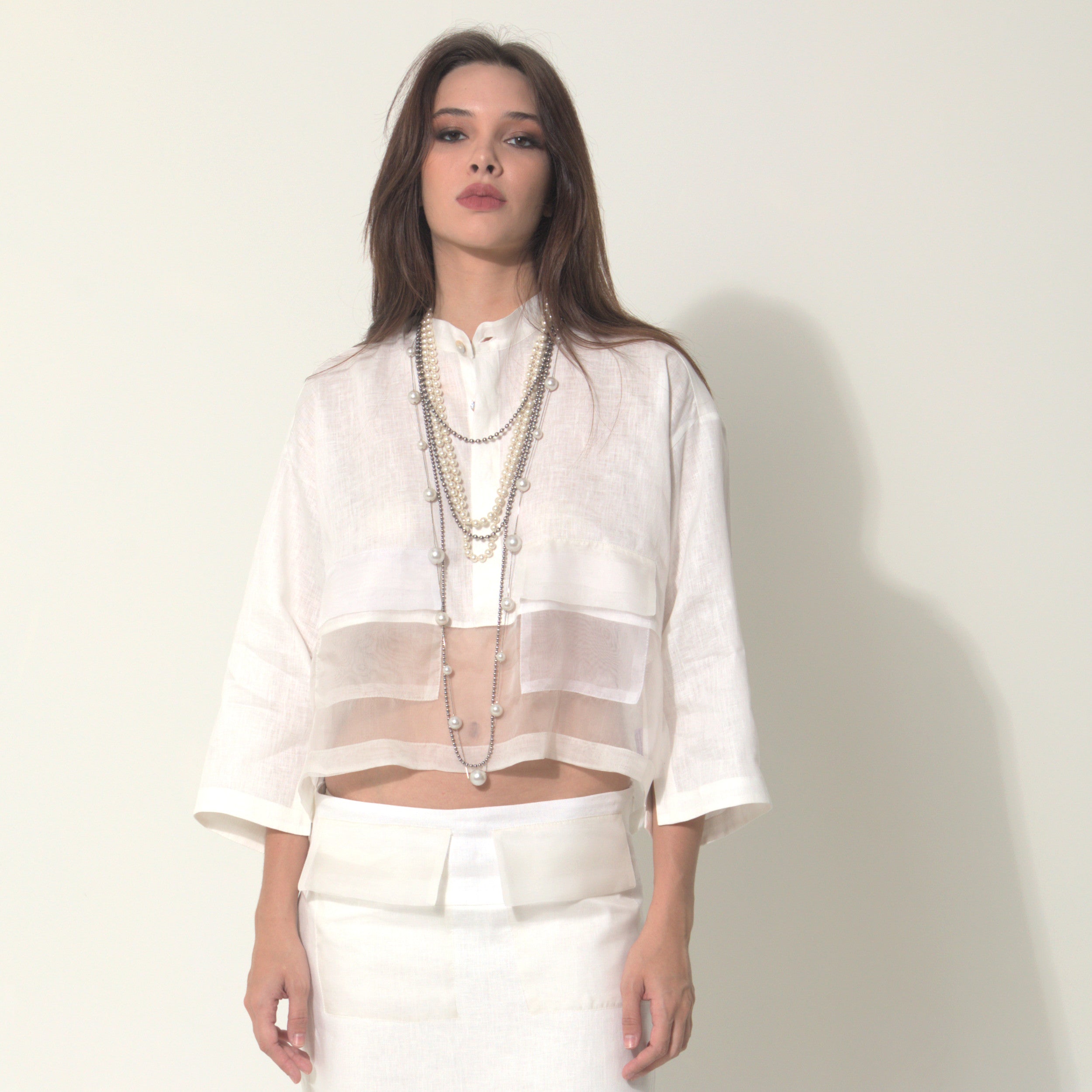 Goah - Camisa em 100% linho com transparencia em organza 100% seda