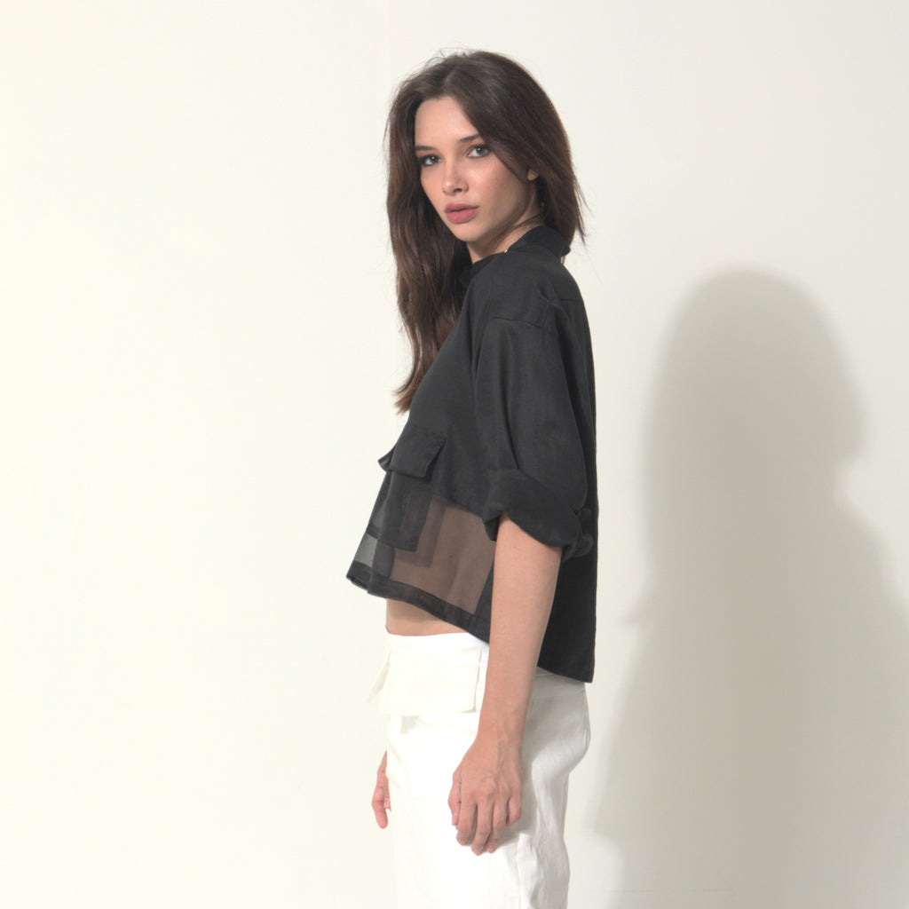 Goah - Camisa em 100% linho com transparencia em organza 100% seda