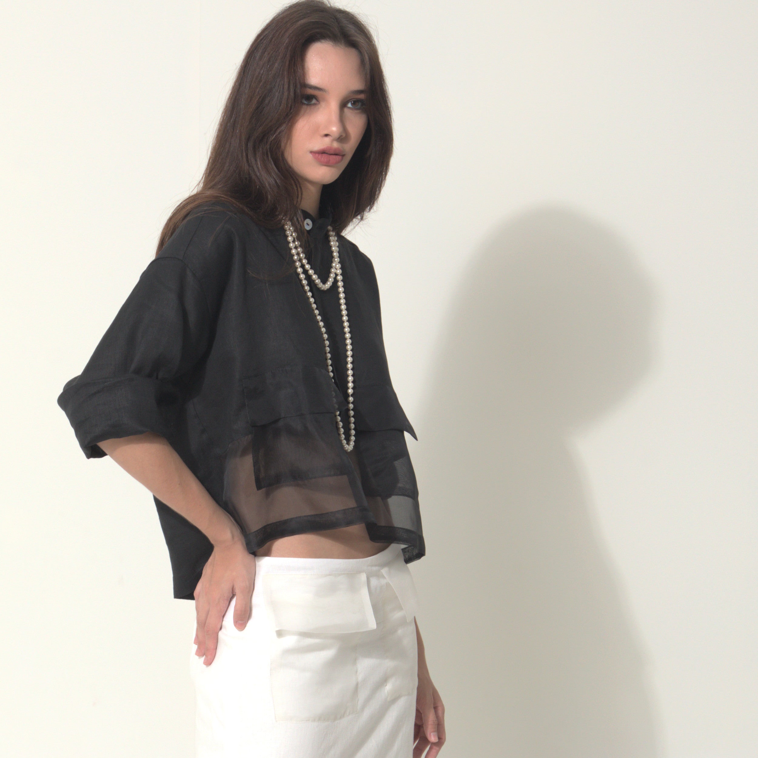 Goah - Camisa em 100% linho com transparencia em organza 100% seda