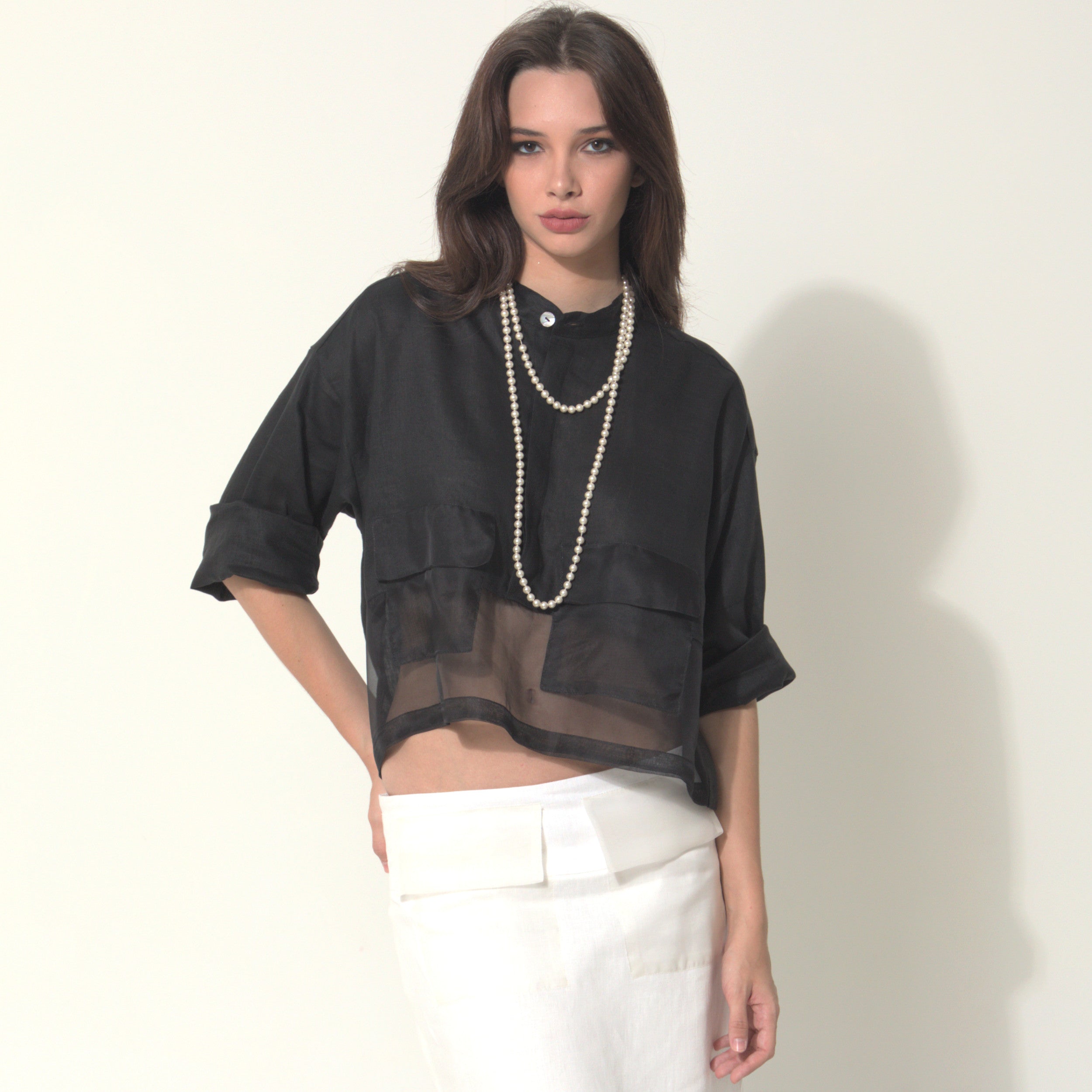 Goah - Camisa em 100% linho com transparencia em organza 100% seda