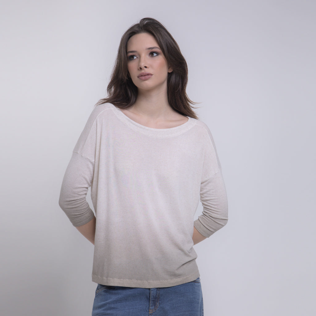 Iris - Blusa de malha degradê com mangas 3/4, off-white e cáqui