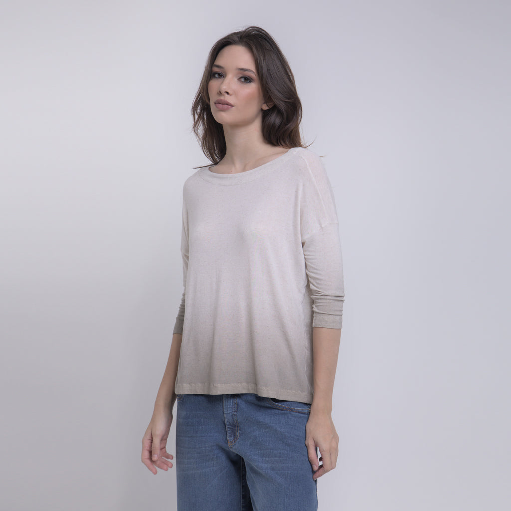 Iris - Blusa de malha degradê com mangas 3/4, off-white e cáqui