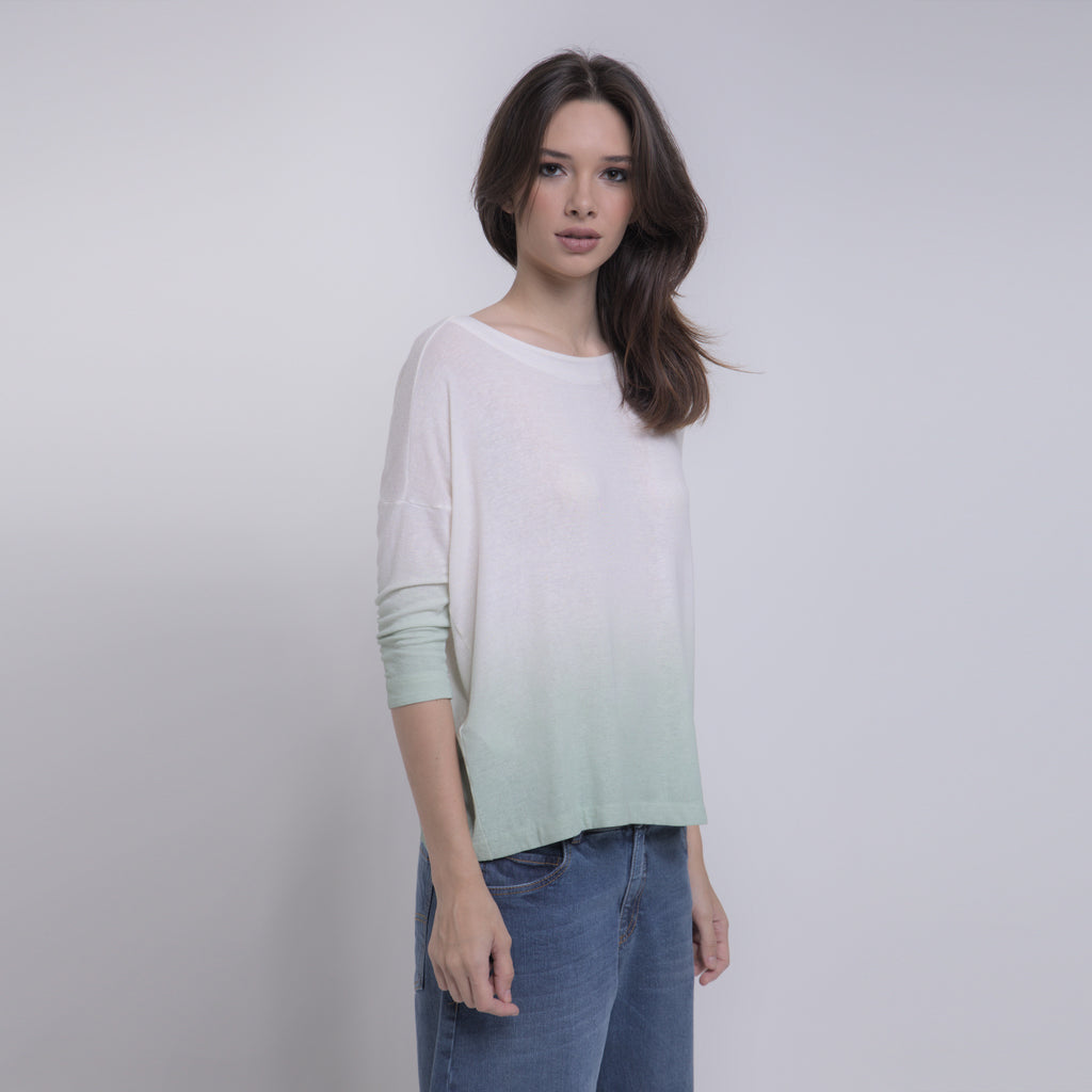 Iris - Blusa de malha degradê com mangas 3/4, off-white e verde