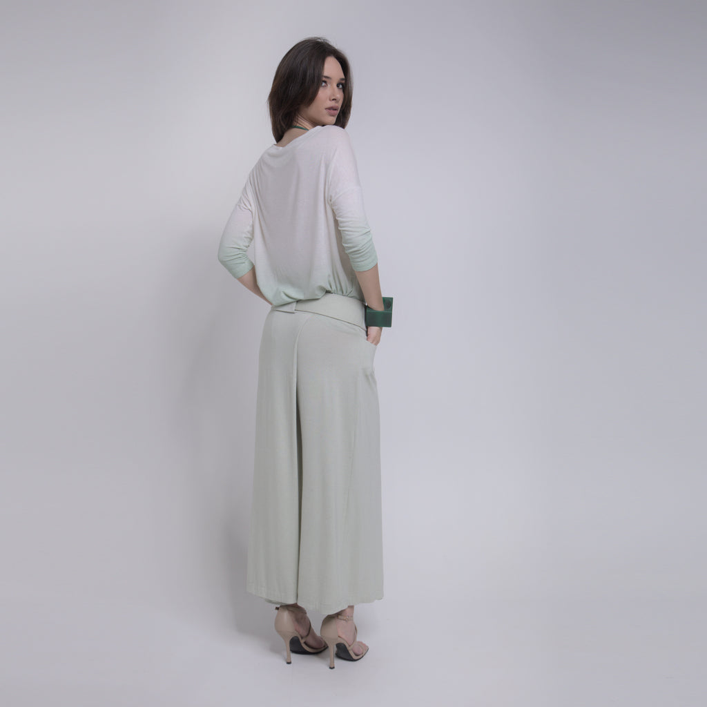 Iris - Blusa de malha degradê com mangas 3/4, off-white e verde