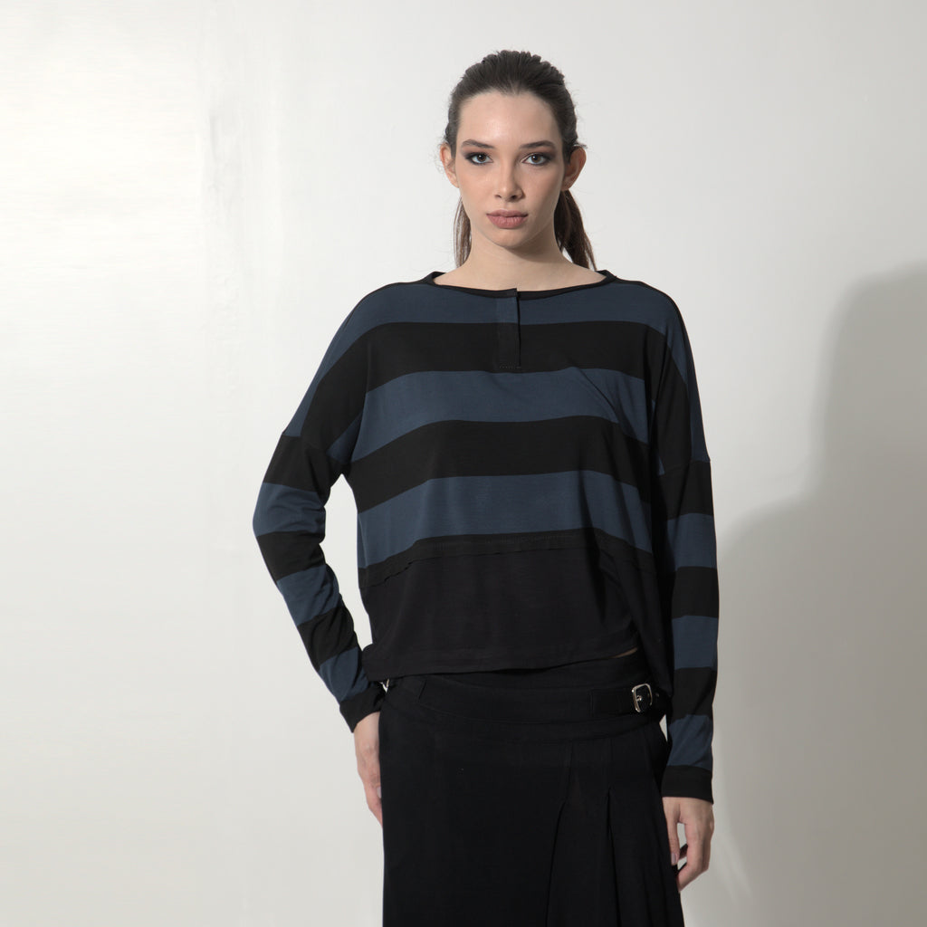 Jenny - Blusa listrada manga longa preto e azul