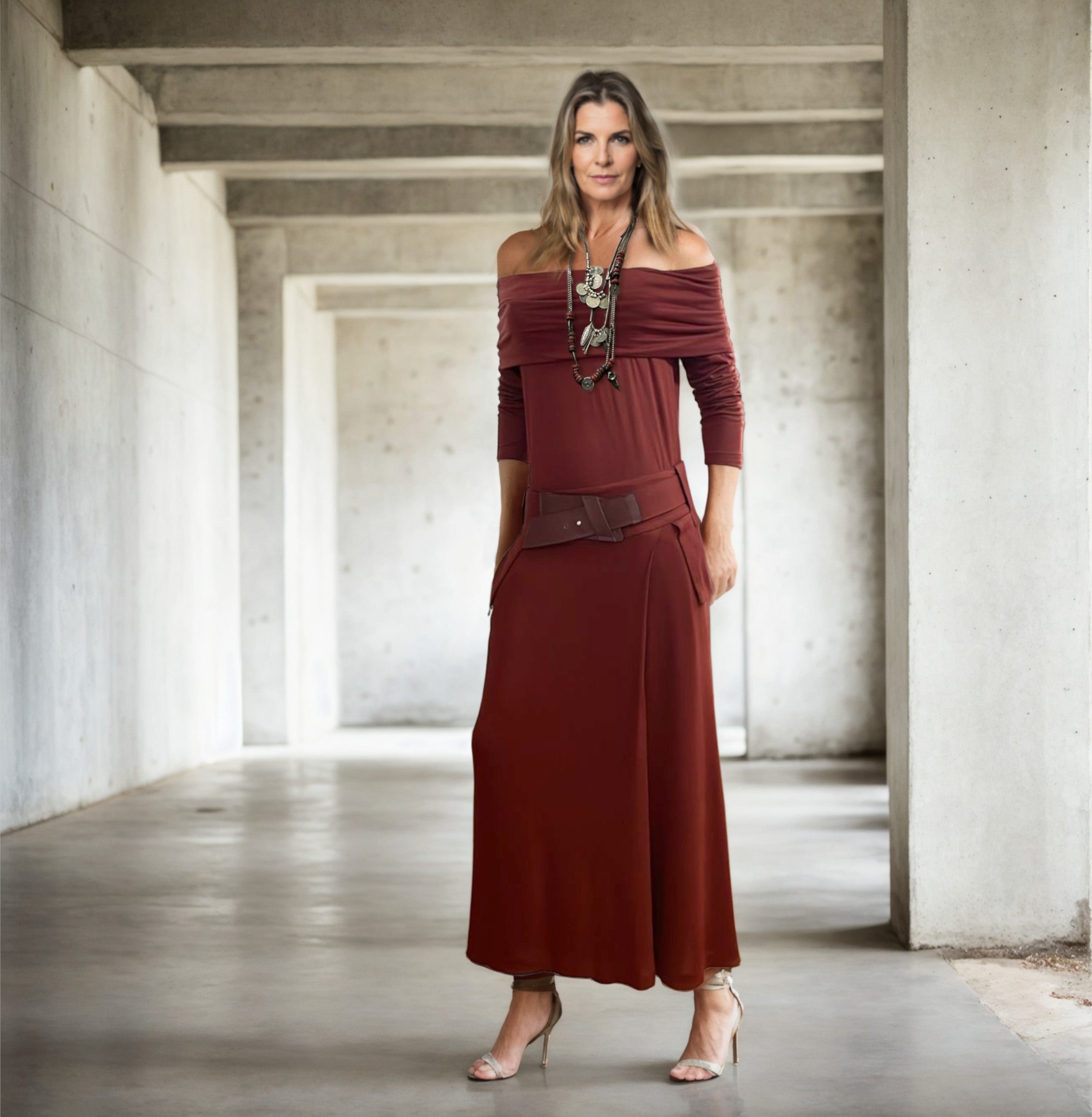Isadora - Blusa decote ombro a ombro e manga comprida na cor cabernet