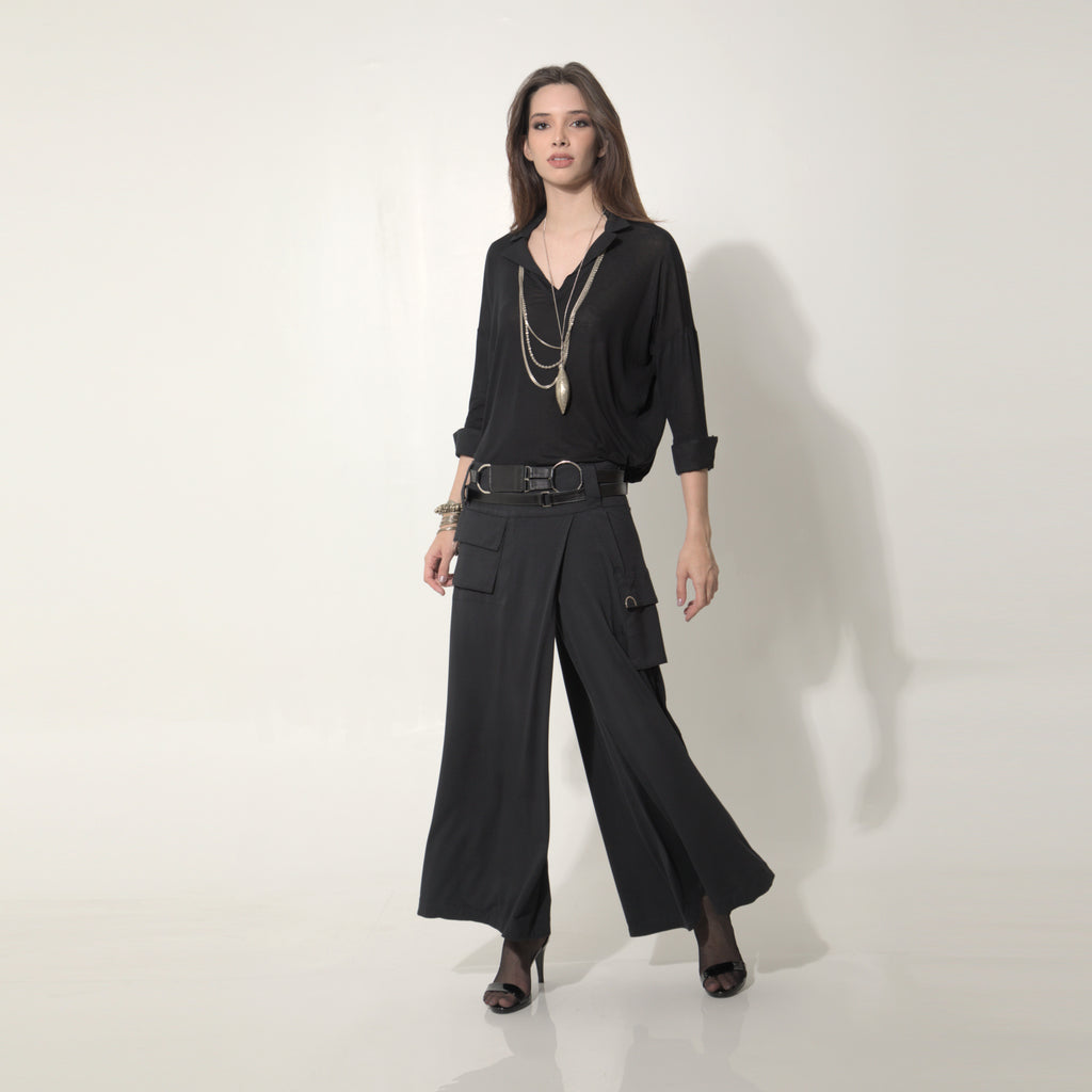 Louise - Saia-calça cargo de malha com cinto de couro