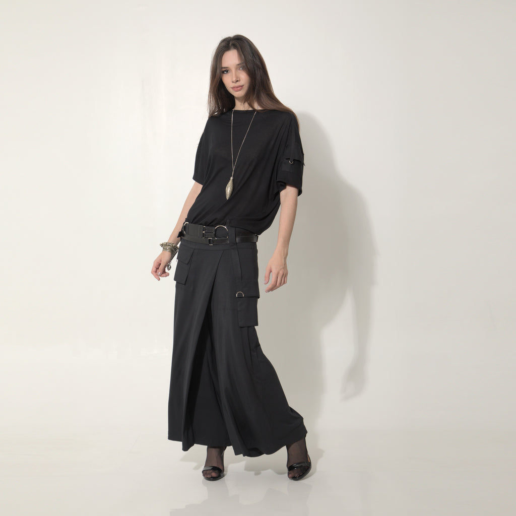 Louise - Saia-calça cargo de malha com cinto de couro