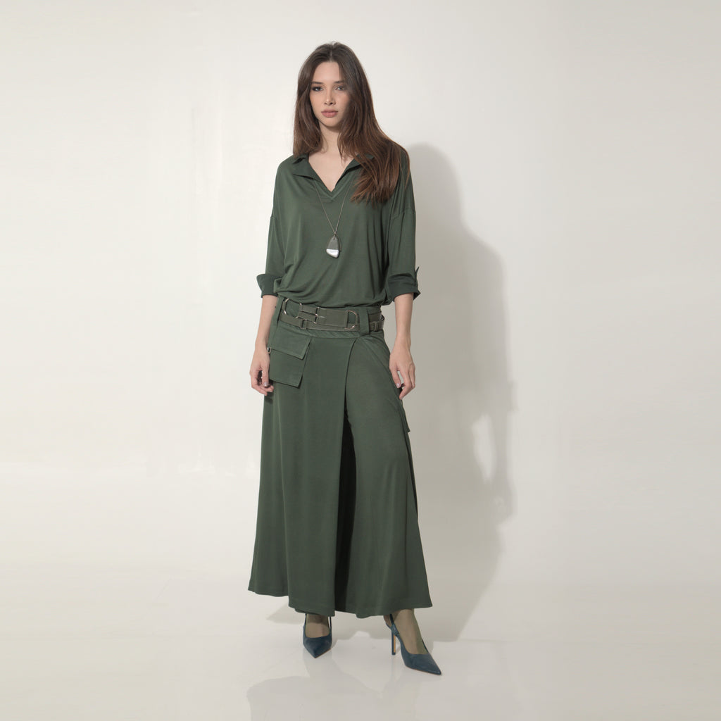 Louise - Saia-calça cargo de malha com cinto de couro