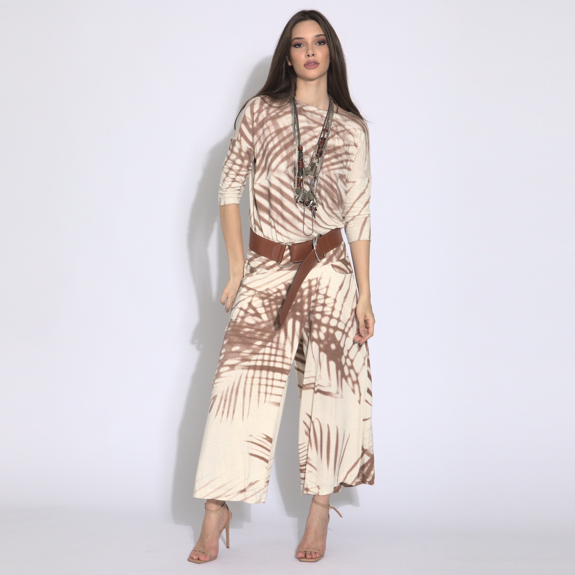 Folhagens - Saia-calça em malha estampada cor linho e argila