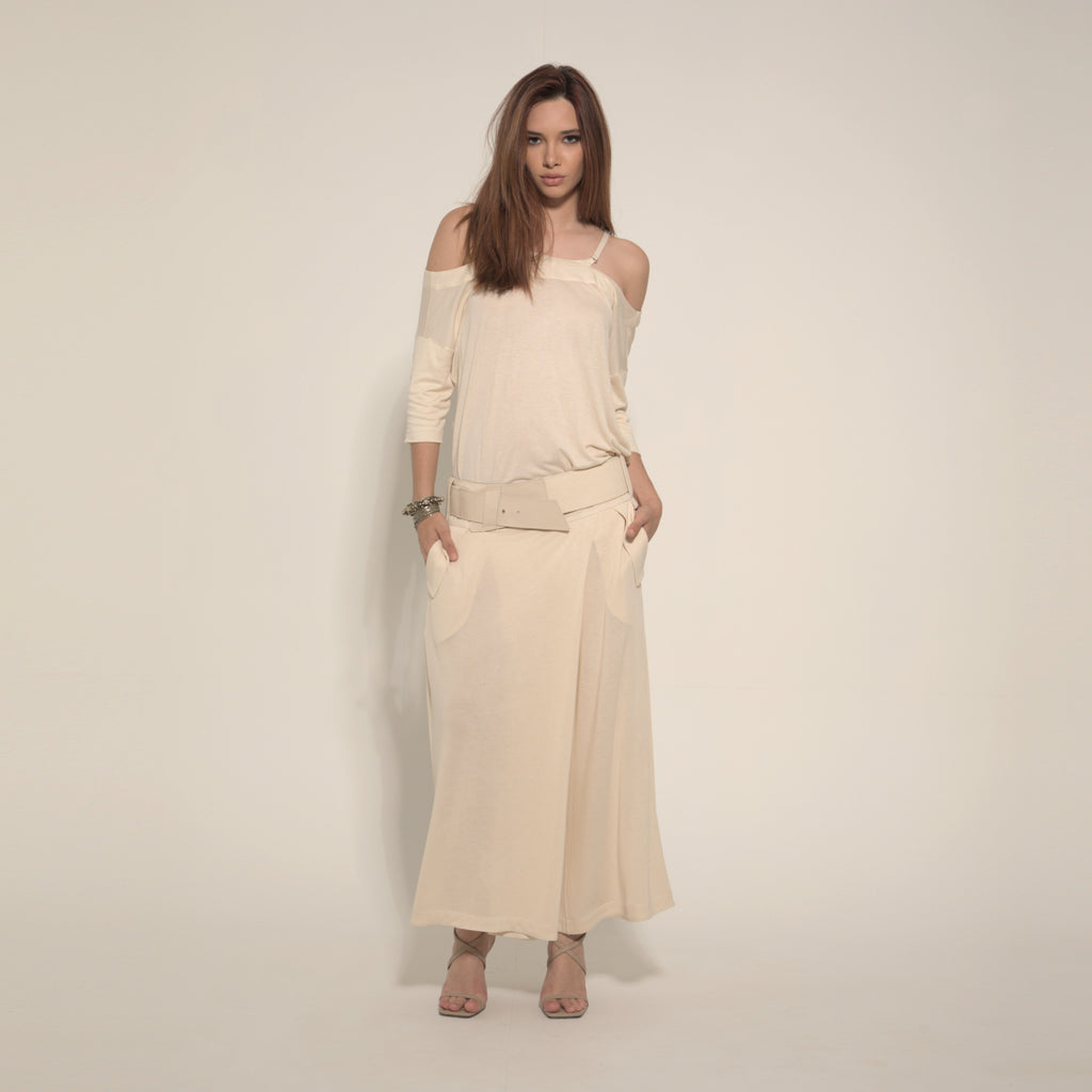 Cleo - Saia-calça de malha com cinto na cor de trigo
