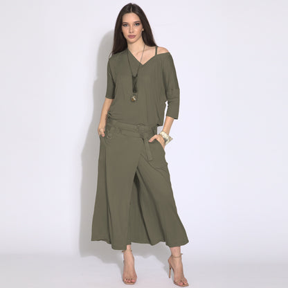 Jackie - Blusa em malha assimétrica com alcinha cor verde militar