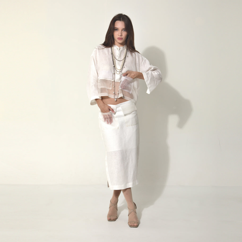 Gauri - Saia em linho e bolsos de organza