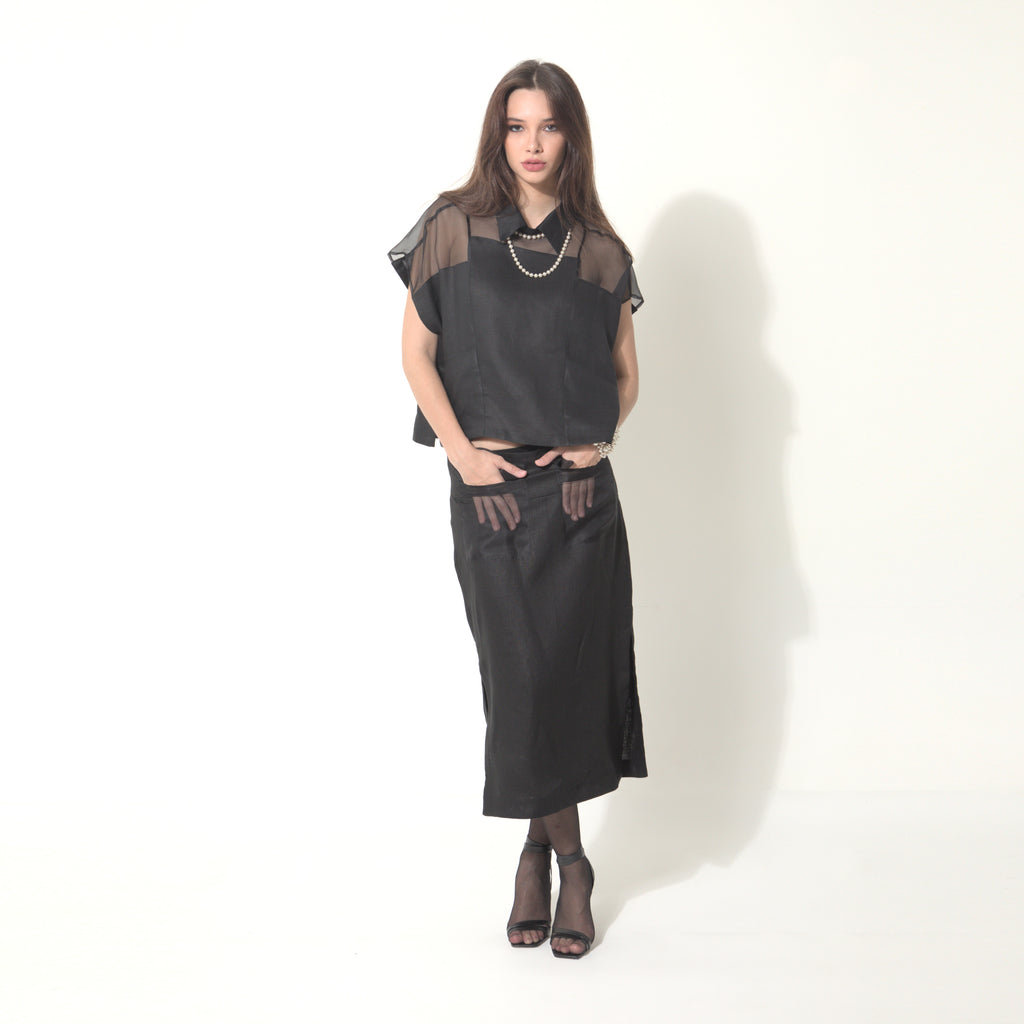 Gauri - Saia em linho e bolsos de organza