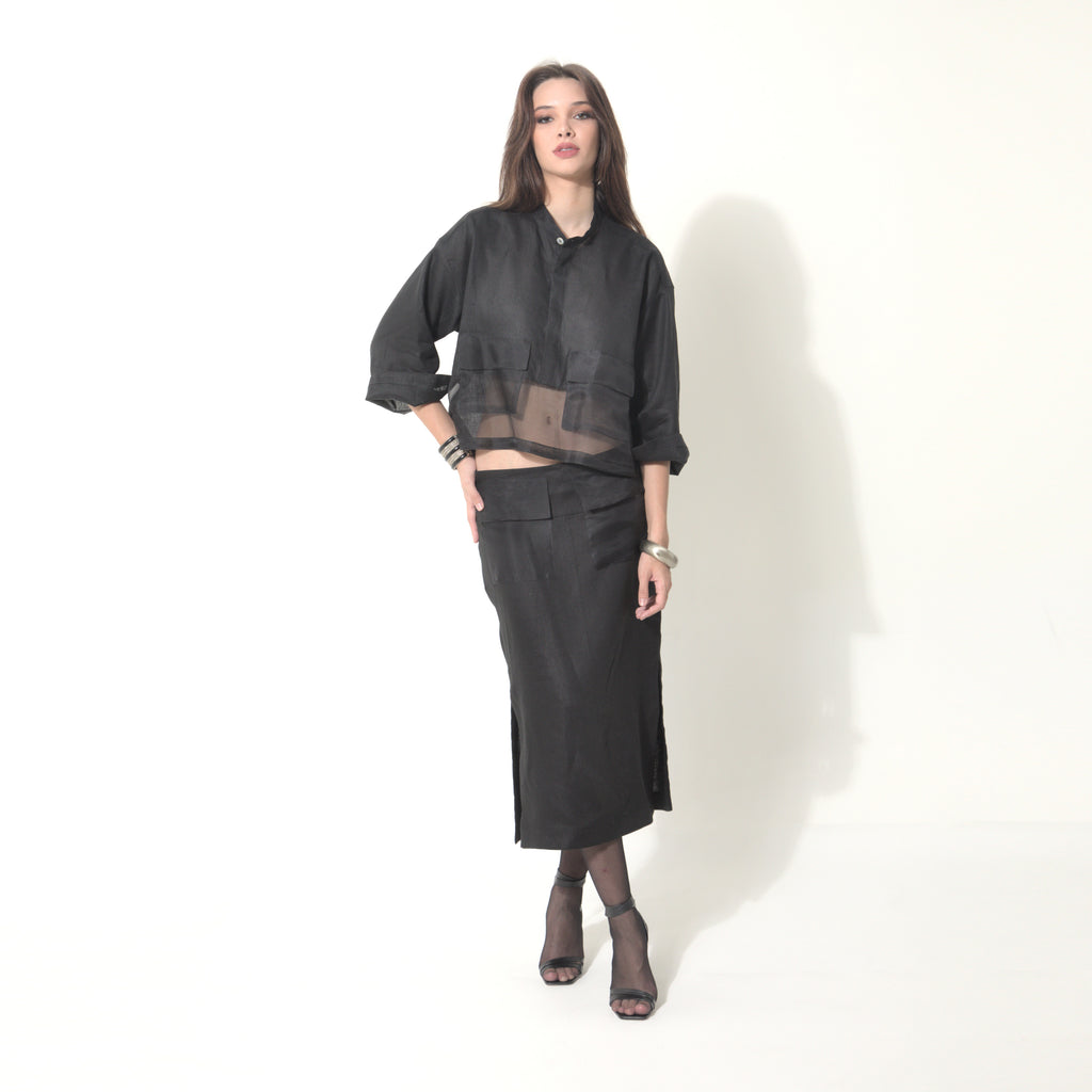 Gauri - Saia em linho e bolsos de organza