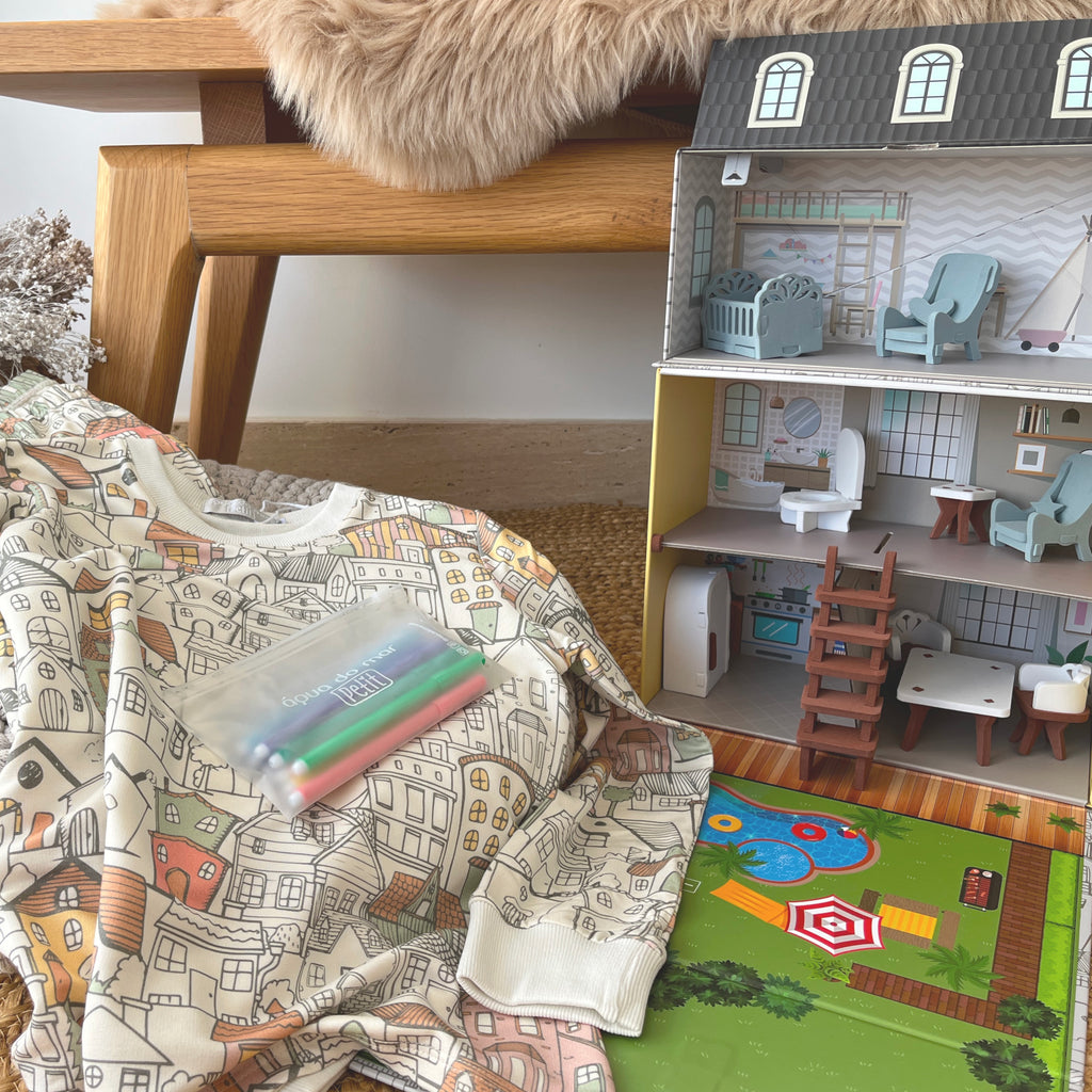 Kit Pijama Casinha - kit criativo para crianças com pijama para colorir e casinha montável